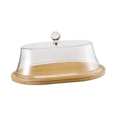 Imagem de YWJLQH Suporte de bolo em bambu com tampa, bandeja para servir doces e queijos, 35.9x25.9x16cm