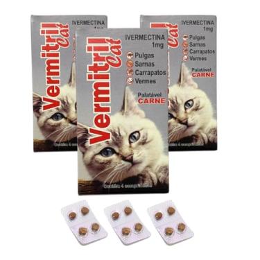 Imagem de Vermitril Gatos Anti pulgas, vermes, carrapatos e sarnas - 12 comp mastigáveis p/ 5kg Cada - sabor Carne