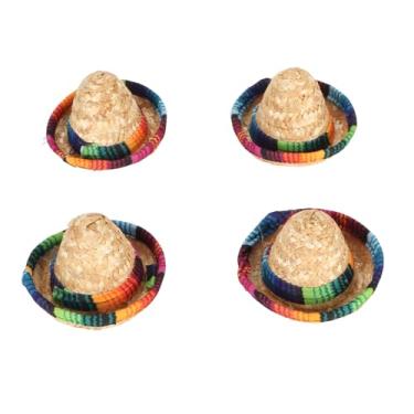 Imagem de 4 Peças Mini Chapéus de Abas Largas, Sombrero de Palha Mexicano de 3,5 Polegadas, Mini Chapéus de Palha Pequenos, Adereços Decorativos Coloridos para Bonecas, Animais de