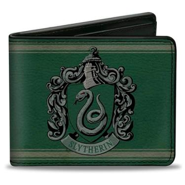 Imagem de Buckle-Down Carteira masculina Buckle-down PU Bifold - Escudo Sonserina/Listra 6 Verde envelhecido/Cinza, Multicolorida, 10 x 8,9