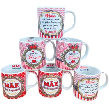 Imagem de Jogo 6 canecas 300ml Frases Mãe - Kit Porcelana - Dec. RS/VM