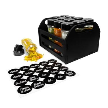 Imagem de Cesta Caixote MDF com Alça + 12 Potes Tempero 130ml de Plástico para Condimentos Especiarias Temperos com Tampa Dosadora Dupla + Adesivos