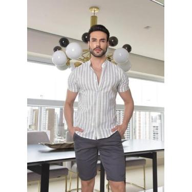 Imagem de Camisa Masculina Social Manga Curta de Linho Estampada Slim  Conquest,