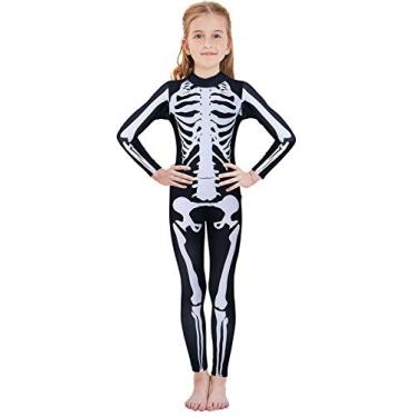 Imagem de RAISEVERN Body de esqueleto de manga comprida com estampa gráfica 3D prata branco zumbi osso macacão cosplay festa skinny, tamanho 7-8 anos