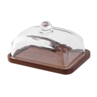 Imagem de WeiLaiKeQi Suporte para bolo com capa de vidro bandeja de bandeja de manteiga de prato de prato exibir prato elegante suporte de placa de bolo retangular para , Cor de Madeira