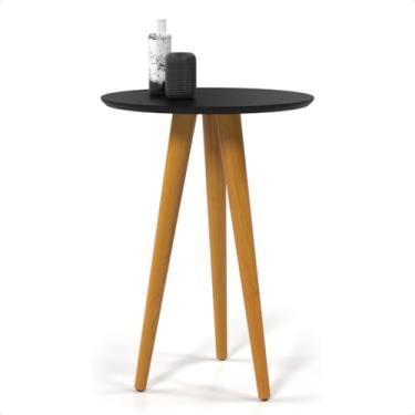 Imagem de Mesa Lateral Redonda Pés Palito Madeira Retrô Sala Quarto Canto Apoio Sofá Decoração Pequena Moderna(Preta)