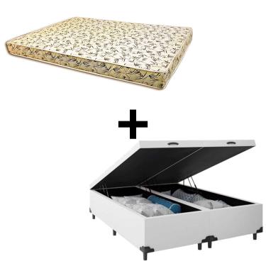Imagem de Cama Baú Casal Bipartido - Tecido Sintético Branco Com Colchão Austrália Bello Box - 100% Espuma D26 Amarelo 55x138x188