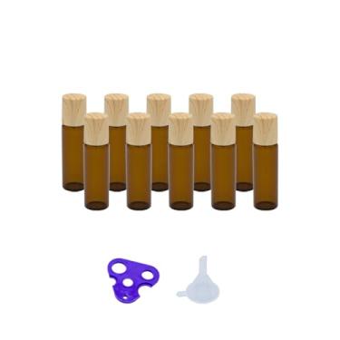 Imagem de Tutuxio 10 frascos de rolo de 10 ml para óleos essenciais, frascos roll-on de vidro âmbar, frascos de perfume com esfera de rolo de aço inoxidável, funis e abridor, recipiente pequeno para cosméticos