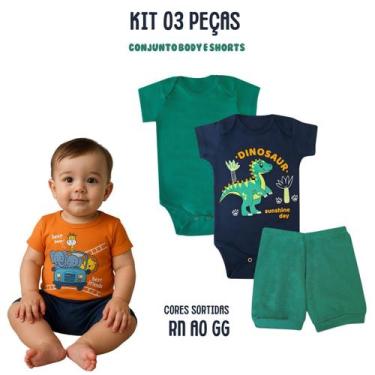 Imagem de Kit 3 peças Roupa Bebê Body shorts menino e menina Algodão c/ Elastano