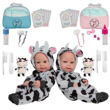 Imagem de Boneca Reborn Gêmeos Recém Nascida 100% Vinil Roupa Vaquinha - Cegonha