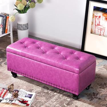 Imagem de Mesa de centro com armazenamento, banco acolchoado para os pés para sala de estar, quarto, banco de armazenamento retangular com pernas de madeira, armazenamento de couro sintético tufado otomano-roxo
