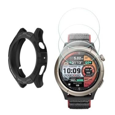 Imagem de HUADU Protetor de tela de relógio (3 + 1 pacote) compatível com Amazfit Cheetah Round/Cheetah Pro, filme de vidro temperado anti-riscos de alta definição cobertura total e capa protetora de TPU macio