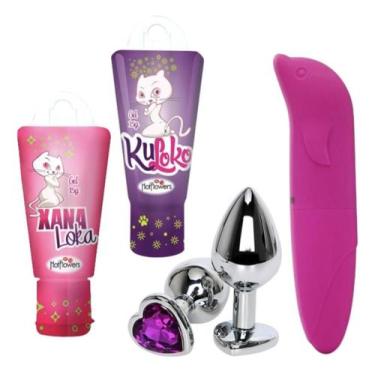 Imagem de Kit Vibrador Golfinho Aveludado Plug Anal de Aço Inoxidável com Crista