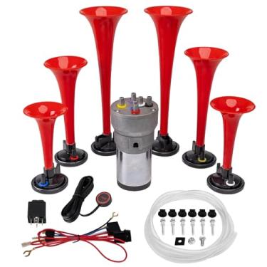 Imagem de FARBIN Buzina musical com 6 trompetes, som de música, buzina de ar com compressor, "Godfather Melody Red" 12V 150db para trem, caminhão, carro, barco, trailer, motocicleta UTV (kit padrinho)