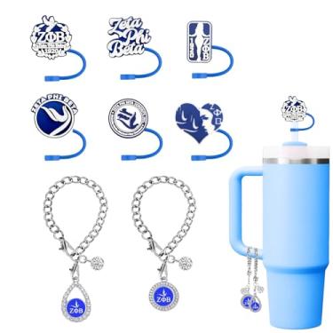 Imagem de LUHOHI 8 peças ZPB Sorority Accessories for Stanley Cup, 6 peças de cobertura de canudo de silicone azul-royal 10 mm com 2 pingentes de copo para copos Yeti Garrafa de água 30 & 1,134 g chaveiro fofo