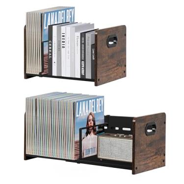 Imagem de LOFTEY Suporte de armazenamento de discos de vinil, suporte expansível com divisor ajustável, armazenamento de álbum de 60 a 120 LP para discos de vinil, porta-revistas, marrom rústico