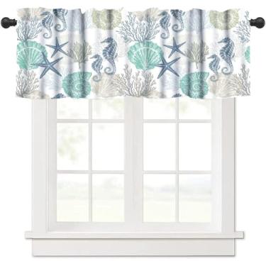 Imagem de Cortinas náuticas costeiras para janelas, tratamentos de janela coral azul-petróleo, estrela do mar náutica do mar, cortinas curtas para quarto, banheiro, 137 x 45 cm