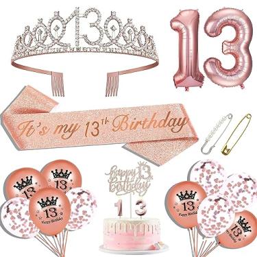 Imagem de Hysilla Decorações De 13º Aniversário Para Meninas, Faixa, Coroa, Topo Bolo, Balões, Conjunto Alfinetes E Velas, Ouro Rosa