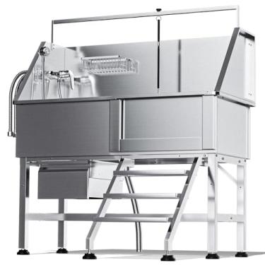 Imagem de RUDCXDY Estação de lavagem de cães de 117 cm, estação de banho profissional para cães de aço inoxidável, banheira de cuidados com gaveta de armazenamento de escadas, grade de chão, banheira para cães