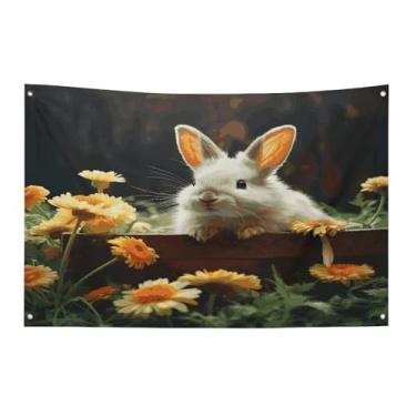 Imagem de Bandeira com quatro furos bandeiras para todos os climas bandeira decorativa impressa de coelho e flor bandeiras de poliéster adequadas para uso interno e externo 89 x 159 centímetros