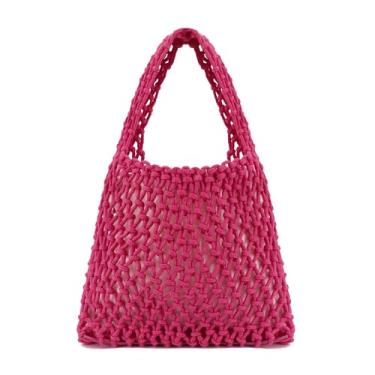 Imagem de Naimo Bolsa de praia de palha grande de tecido de vime, bolsa de ombro com rede de pesca, bolsa de corda de algodão, bolsa Hobo de crochê de verão, rosa, One Size