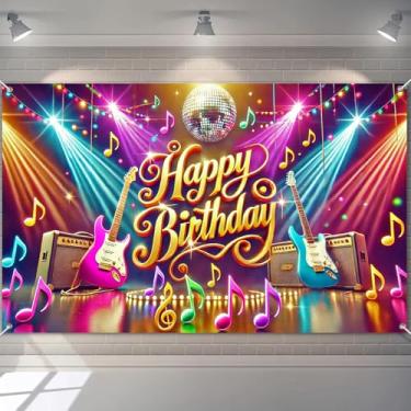 Imagem de BlissYard Tema musical faixa de feliz aniversário 71 x 43 polegadas luzes discoteca pano de fundo de guitarra faixa de festa de aniversário para adultos adolescentes meninos meninas decoração de palco