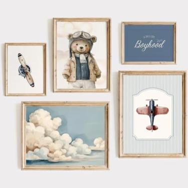 Imagem de Urso de pelúcia decoração de parede de berçário vintage imagens de quarto de menino bebê menino decoração de parede tela azul vintage avião pôster crianças viagens aviação impressões para sala de