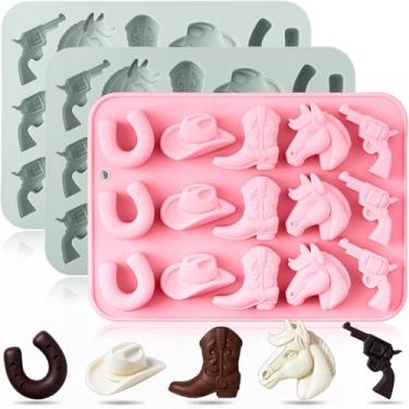 Imagem de 2 peças de moldes de chocolate e doces de caubói, botas de chapéu de caubói de silicone, bandejas de cubo de gelo, cabeça de cavalo, ferradura, gelatina, molde em forma de vela para petiscos, assar