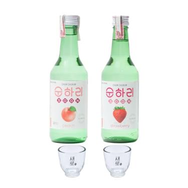 Imagem de Kit 2 Soju Coreano + 2 Copo, Garrafa 360ml, Lotte, ChumChurum, Sabor Sortido, Destilado