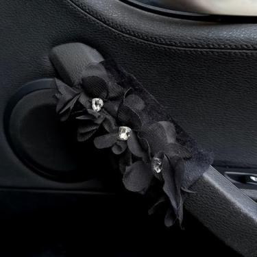 Imagem de MINGZAIQIPEI 2 peças capa de alça de garra de carro de renda de pétala fofa, luvas de aderência de carro, capa de puxador de porta interna, protetor de alça acessórios interiores automotivos (preto)
