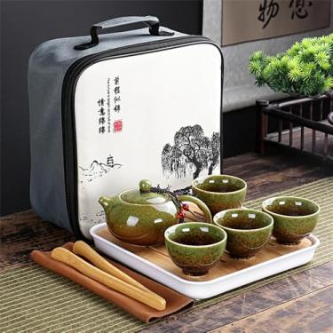 Imagem de Conjunto de chá chinês portátil - Bule de viagem de cerâmica com 5 peças, Gaiwan e 4 xícaras | Kit completo de chá Gongfu em bolsa de transporte, verde