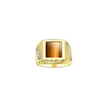 Imagem de Rylos Anéis masculinos com diamantes e ônix preto, olho de tigre da sorte ou quartzo colorido - Anéis exclusivos para homens, anéis de prata banhados a ouro amarelo nos tamanhos 8-13. Joias masculinas