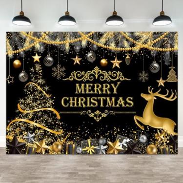 Imagem de ASDCXZ 2,4 x 1,8 m Fundo de Feliz Natal Ouro Veado Estrelas Bolas Flocos de Neve Presentes Ramos de Pinheiro Fundo Preto Fotografia Festa de Natal Banner Decoração de Natal Retrato de Fotos Adereços