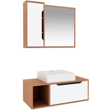 Imagem de Kit Gabinete E Espelheira De Banheiro 80 Cm Com Cuba Karina Amêndoa-branco