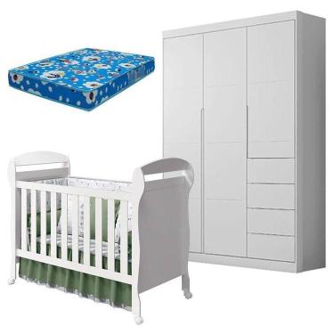 Imagem de Berço Americano Danny E Guarda Roupa Infantil Eloá Branco Acetinado Com Colchão Ortobom – Phoenix Baby