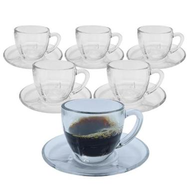 Imagem de Jogo 6 Xicaras Canecas de Vidro Transparente Café Chá Com Pires E Alça
