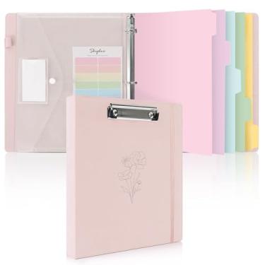 Imagem de SKYDUE Fichário rosa com 3 anéis com prancheta, fichário de linho de 2,5 cm para papel de folha solta de 3 furos com 5 divisórias, bolso e etiquetas material escolar e de escritório
