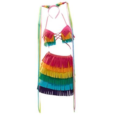 Imagem de Mobbunny Fantasia feminina com tema de pinata, lingerie com franjas coloridas e sexy, top e saia com mangas, Arco-íris, M