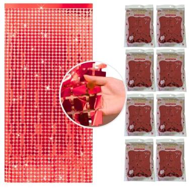 Imagem de Kit 8 Pçs Cortina Shimmer Metalizada Quadradinha 1x2m Painel Decorativo Para Festa Aniversários (Vermelho)