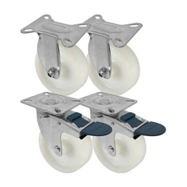 Imagem de Kit 4 un roda rodízio fixo e giratório freio trava nylon 3" - AJAX