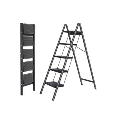 Imagem de Escada de 5 degraus escada dobrável leve com pedais largos antiderrapantes com economia de espaço para corrimão seguro, banco dobrável preto