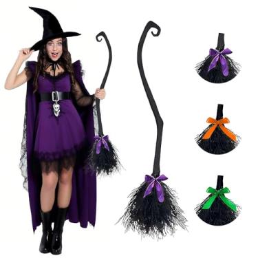 Imagem de JIEFULL Vassoura de bruxa com fita para decorações de Halloween para adultos, bruxas, vassoura, feiticeiro, cosplay, adereço, acessório de festa de fantasia