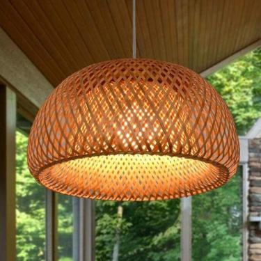 Imagem de Luminária pendente de bambu natural Wicer Shade Vintage feita à mão lanterna tecida estilo pastoral lustre jardim sala de jantar sala de estar itchen pingente iluminação de teto luzes de res
