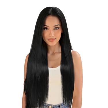 Imagem de FAVE Peruca frontal sintética de 76 cm x 10 cm, peruca frontal de renda, sem cola, resistente ao calor, longa e reta, preta, para uso diário, densidade de 180% (preto natural)