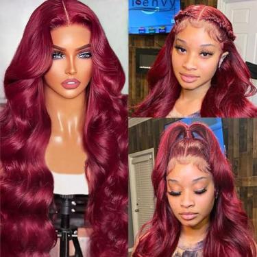 Imagem de 99J Perucas de cabelo humano bordô com tela frontal 180% densidade 13x4 onda corporal HD transparente lace frontal perucas de cabelo humano parte livre pré-arrancadas 99j vinho vinho tinto sem cola