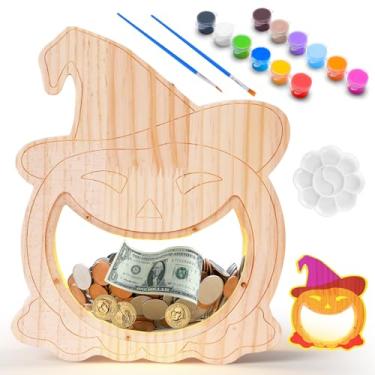 Imagem de GLUTIA Cofrinho de abóbora para crianças com luz LED, cofrinho de madeira inquebrável que brilha no escuro com cores DIY, cofre infantil para aniversário