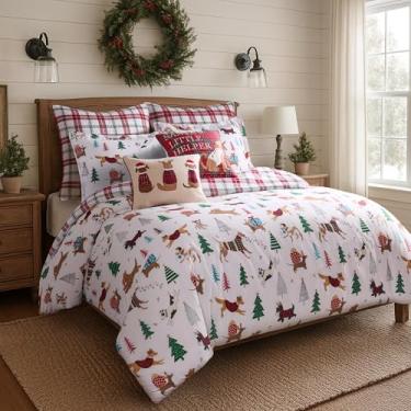 Imagem de Levtex Home - Conjunto de edredom Jingle Paws - Edredom casal/queen (228 x 238 cm) + duas fronhas (50 x 66 cm) - Cachorros festivos - Branco Vermelho Verde - Reversível - Poliéster