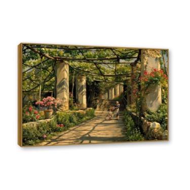 Imagem de NHLDZYH Moldura externa de teca. Famosas pinturas a óleo (paisagem 02) por Peder Mork Monsted, reprodução impressa em tela, arte de cenário para decoração de sala de estar. 80 x 112 cm - 31,4 x 44,1