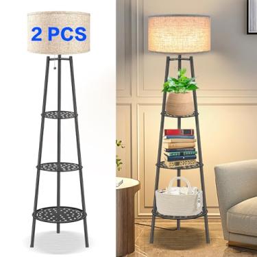 Imagem de ZQQLITE 2 peças de luminária de chão preta com prateleiras para sala de estar, luminária de pé, lâmpada alta, amparas elegantes para sala com sombra de linho, luminária de chão moderna para sala de