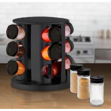 Imagem de Porta Temperos Condimentos Giratório 9 Potes De Vidro Tampa Dosadora Preto